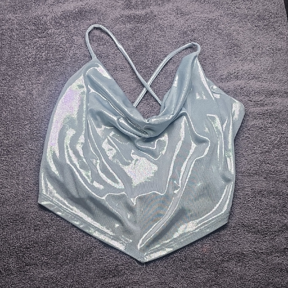 Windsor Shimmery Silver Spaghetti Strap Crop Top